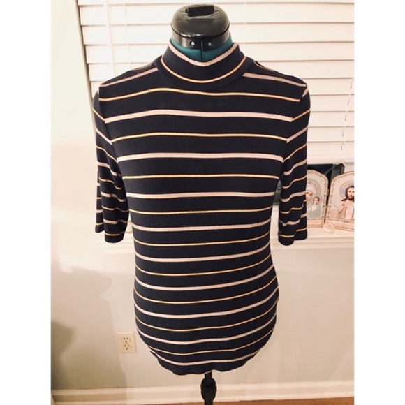 ANN TAYLOR Mock Neck Navy Striped Elbow Sleeve Top - Picture 4 of 9